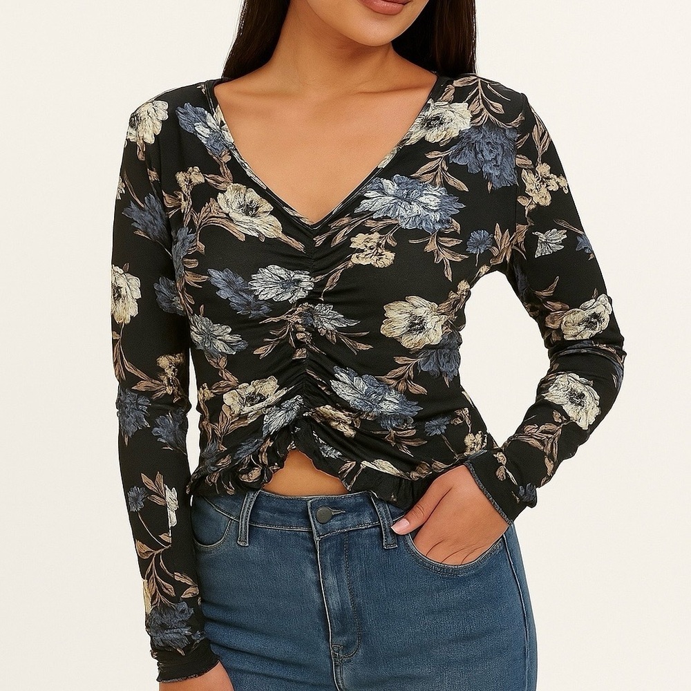 Bongo Black Floral Cropped Ruched Top Blouse Size XL